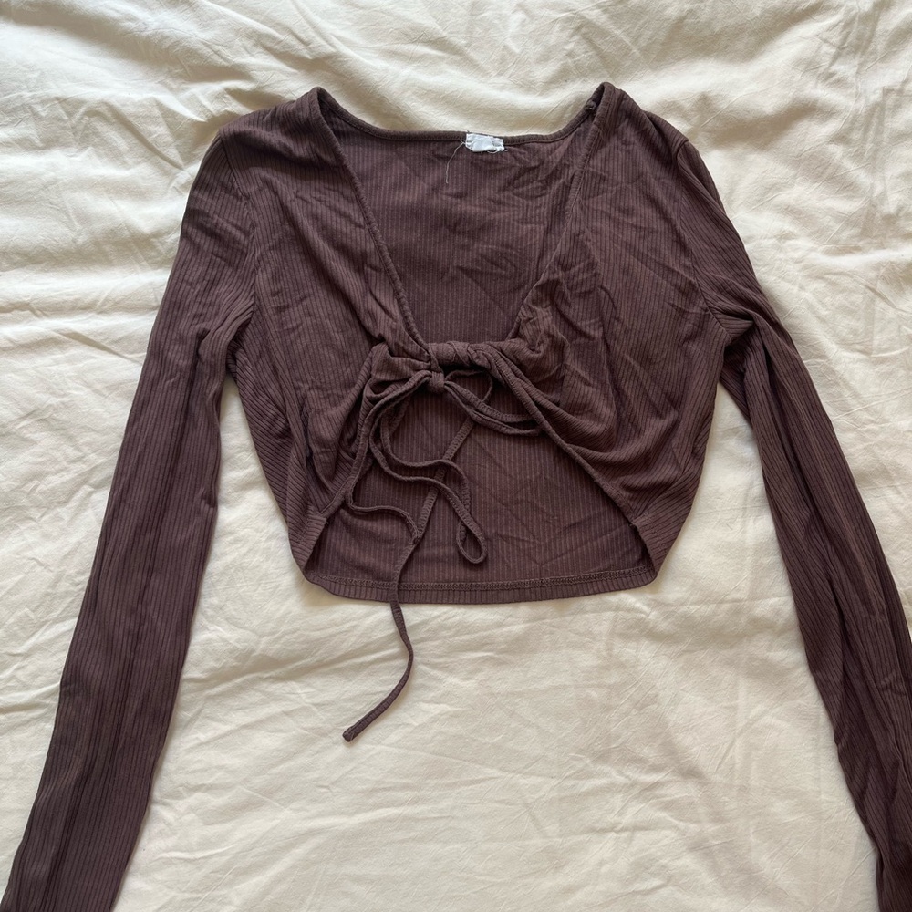Brown Long Sleeve Crop Top with Tie in Front